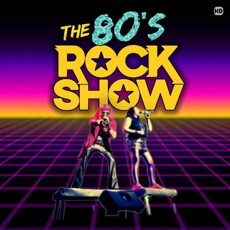 Deux artistes chantent sur scène devant une grille de néons avec, au-dessus d'eux, le texte "The 80's Rock Show" en gras, en couleurs et dans un style rétro. Ce dessin a un caractère vibrant et nostalgique des années 1980.