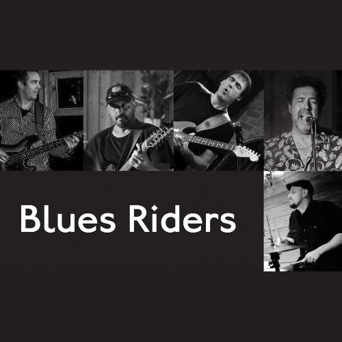Collage en noir et blanc de cinq hommes jouant d'un instrument et chantant, avec le texte "Blues Riders" en lettres grasses sous les photos.