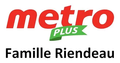 Logo de Metro Plus avec "metro" en lettres rouges grasses, une bannière verte avec "PLUS" et "Famille Riendeau" en texte noir en dessous.