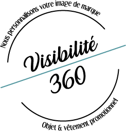 Un logo circulaire avec le texte "Visibilité 360" au centre. Autour du cercle, on peut lire "Nous personnalisons votre image de marque" en haut et "Objet & vêtement promotionnel" en bas.