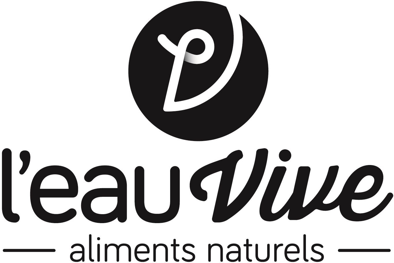 Logo noir et blanc avec "l'eau Vive" en cursive et "aliments naturels" en plus petits caractères. Au-dessus, un emblème circulaire contient un "V" et un "P" stylisés.